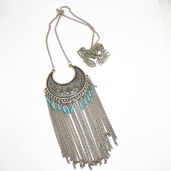Southwest Tribal Modern Silver Long Fringe Turquoise Accent LONG 40" Necklace - Picture 2 of 7